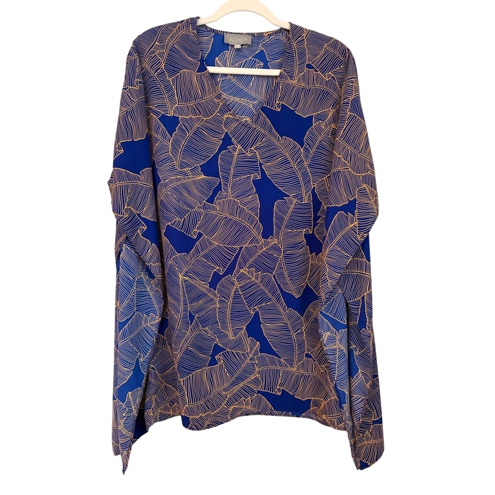 Asher Turner Cover Up Size Small Blue Gold Leaf Print Tunic Top Tropical Resort